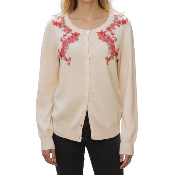 LUCKY Brand Embroidered Beaded Cardigan Beige Small - Picture 1 of 7